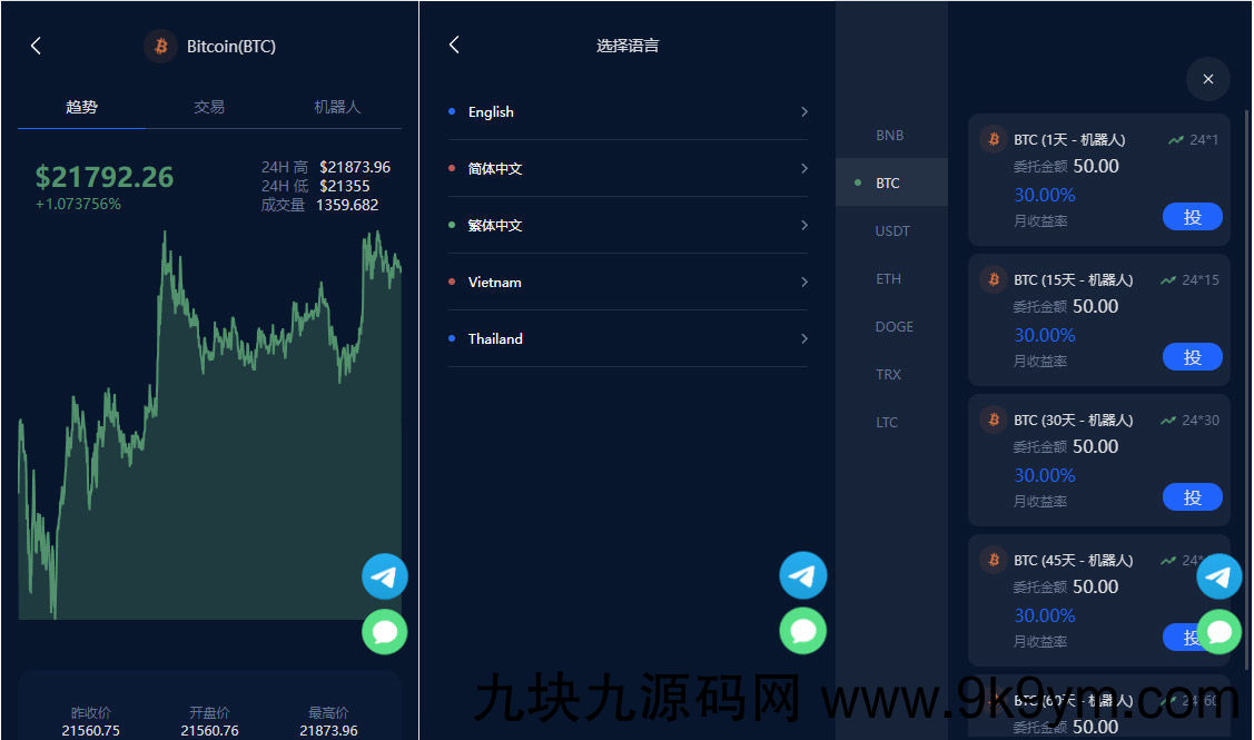 五语言BTC虚拟币质押投资理财系统源码，定期存币收益理财，加密货币机器人量化交易，内附搭建教程